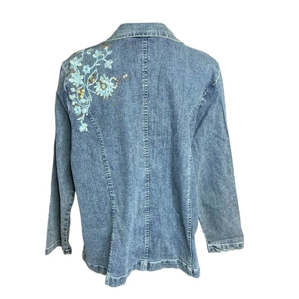 Denim 24/7 Blue Jean Jacket Blazer Long Sleeve with Embroidered Floral Design - Picture 6 of 16